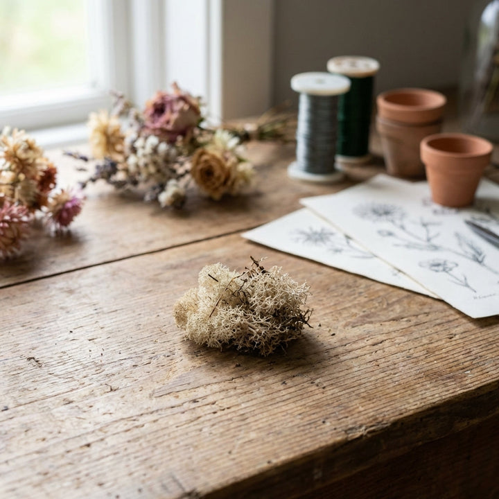 Full-body shot of 50g Islandmoos moss on a wooden surface in a floral workshop, highlighting its soft texture and tiny size under natural daylight.