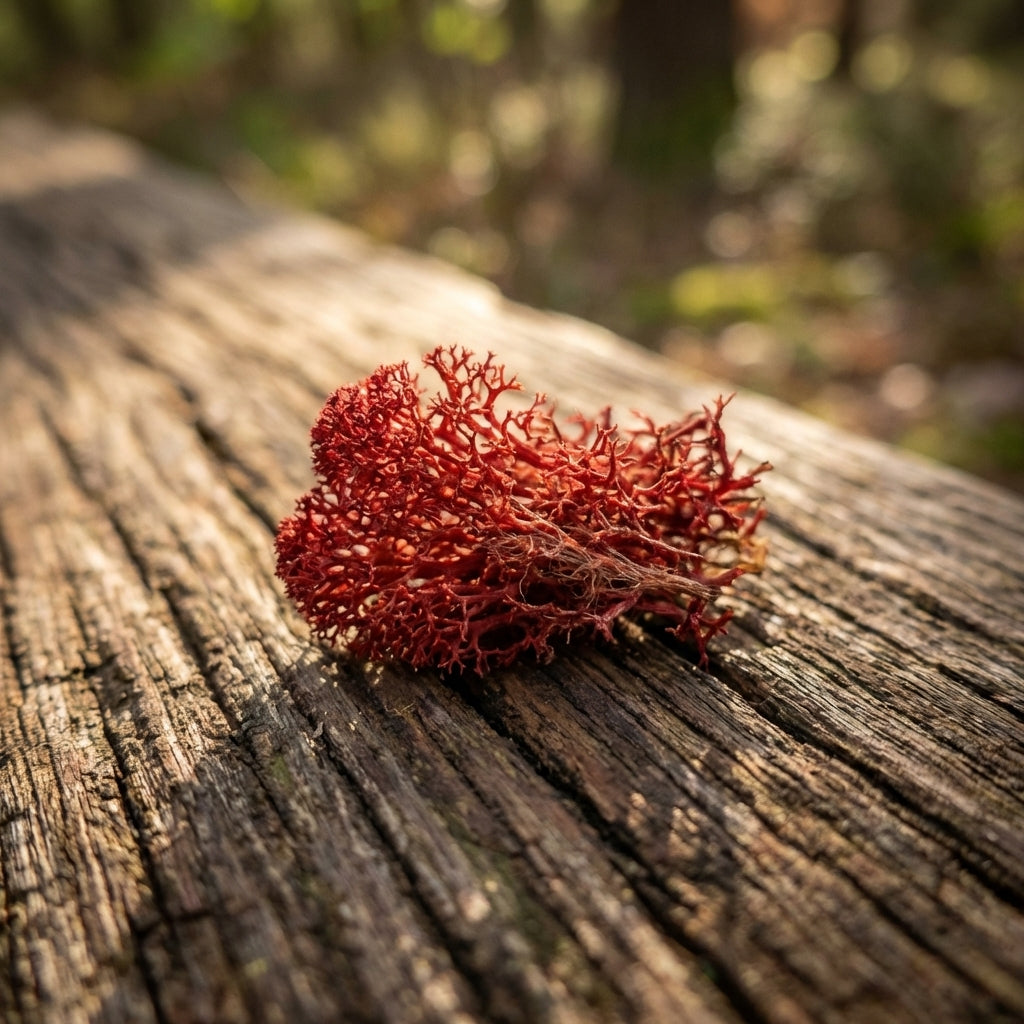 Close-up of a tiny, vivid red moss piece on textured wooden surface, highlighting its delicate fibers and rich color under warm light.