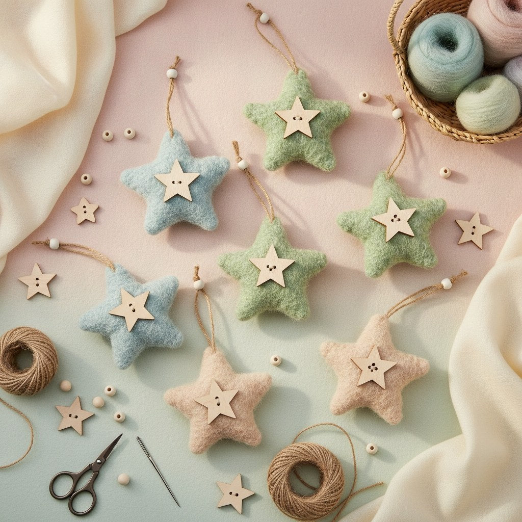 Pastell-Filzstern-Flatlay mit Bastelmaterialien und Garn