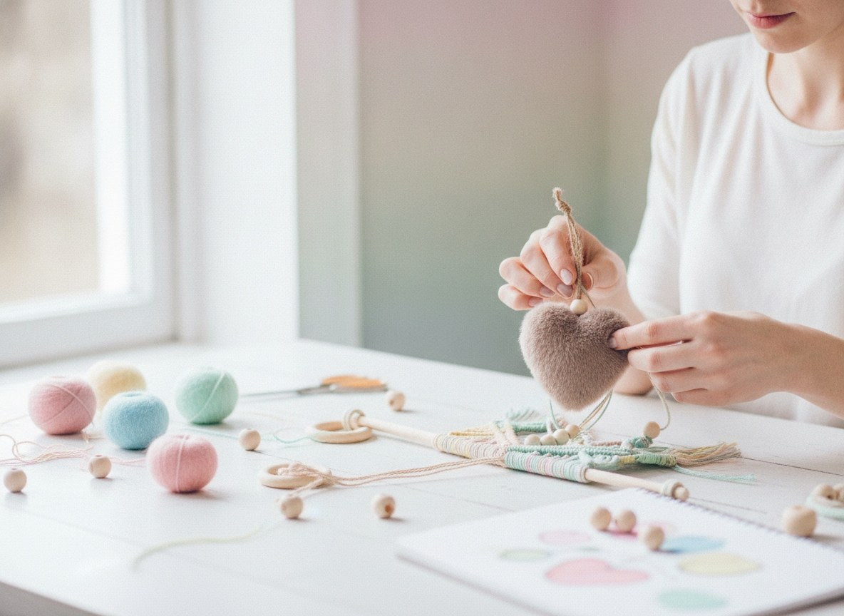 DIY protezione natalizia: Cuore in tessuto marrone con palle di lana nelle mani