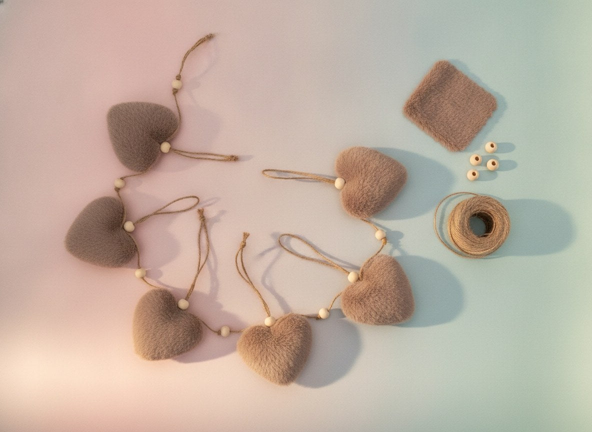 Stoff-Herzkette aus braunem Textil mit Juteschnur und Holzperlen