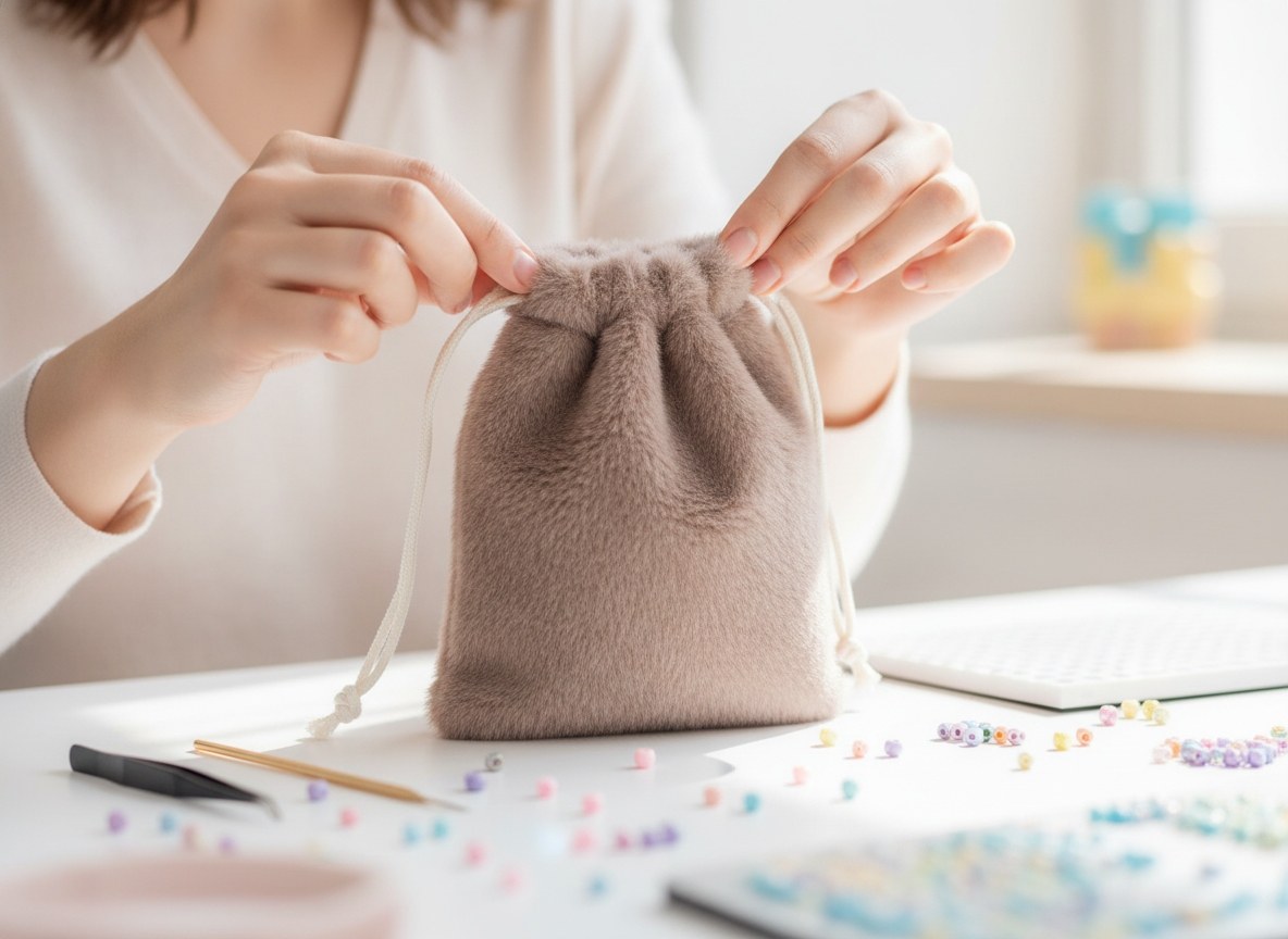 Sacchetto in peluche marrone con coulisse per conservazione gioielli e progetti fai-da-te