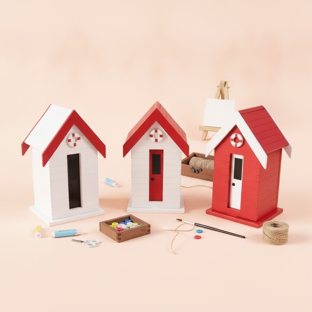 Strandhaus rot/weiss 7,5x12,5x6,5cm, Pappel - Kidis Art