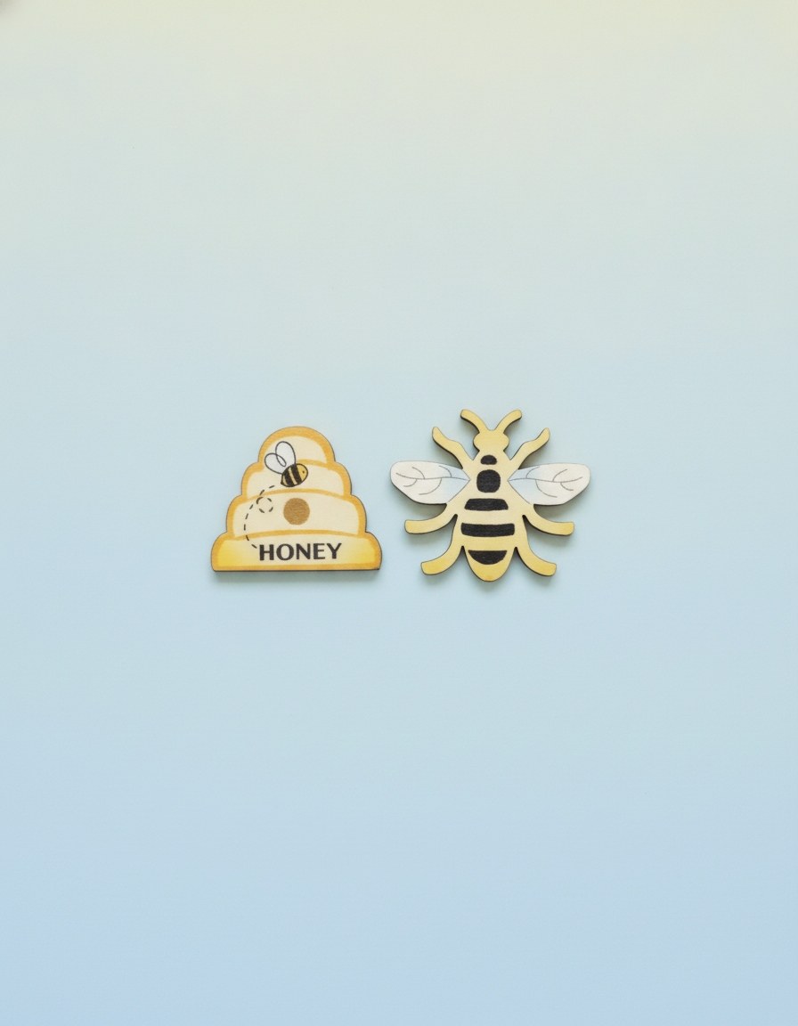 Streuteile Bienen+Korb, 8Stk Holz, sortiert, 3,8x3,2x0,1cm - Kidis Art