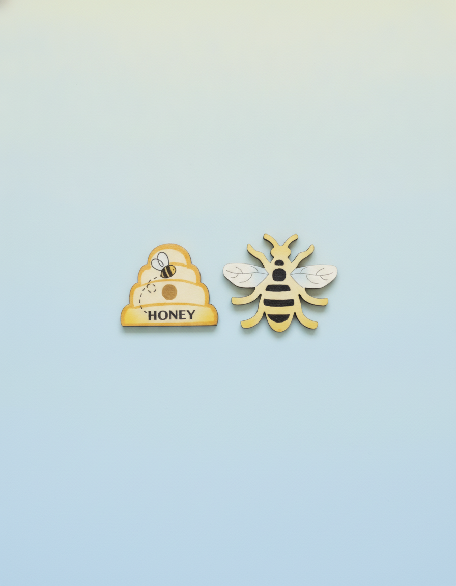 Streuteile Bienen+Korb, 8Stk Holz, sortiert, 3,8x3,2x0,1cm - Kidis Art