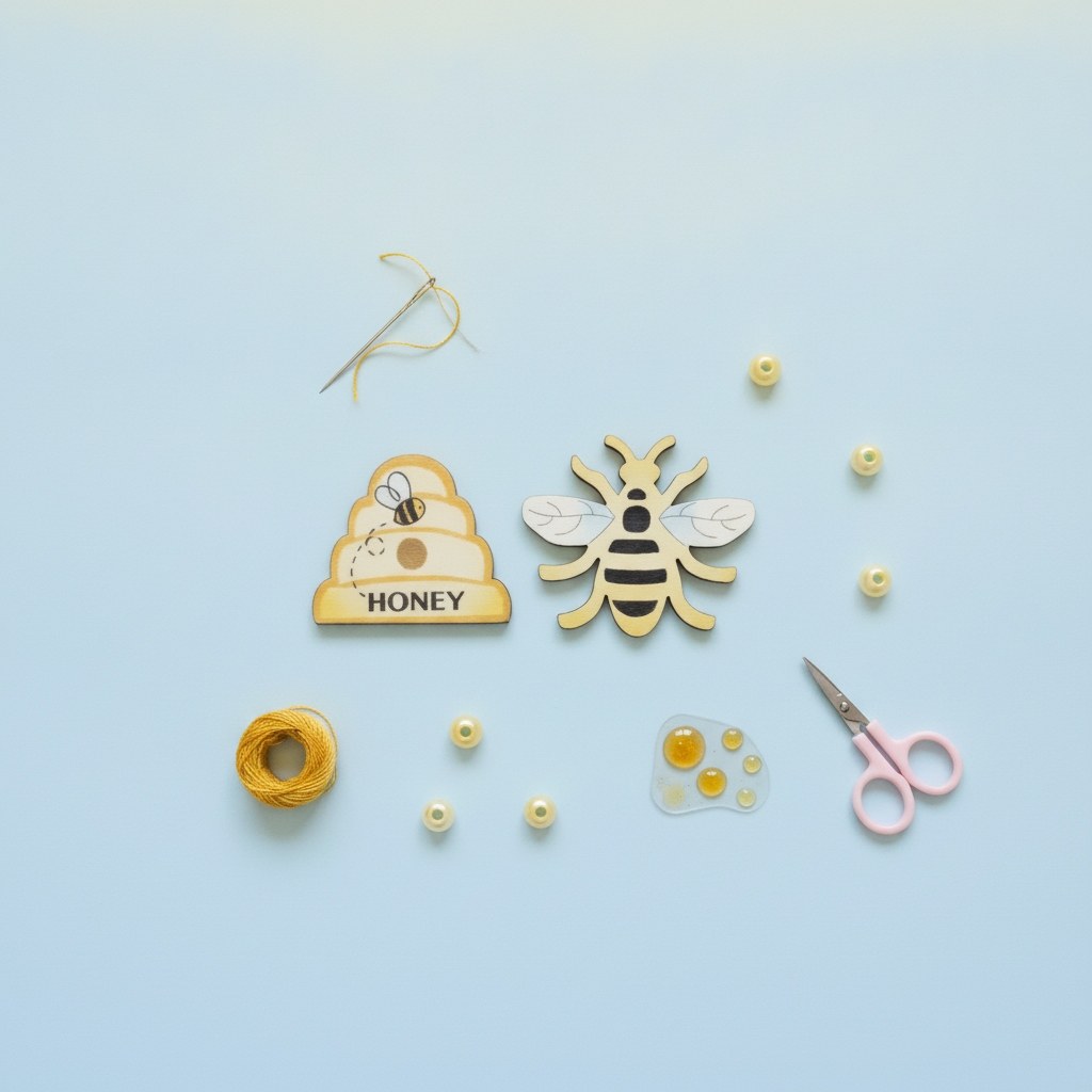 Streuteile Bienen+Korb, 8Stk Holz, sortiert, 3,8x3,2x0,1cm - Kidis Art