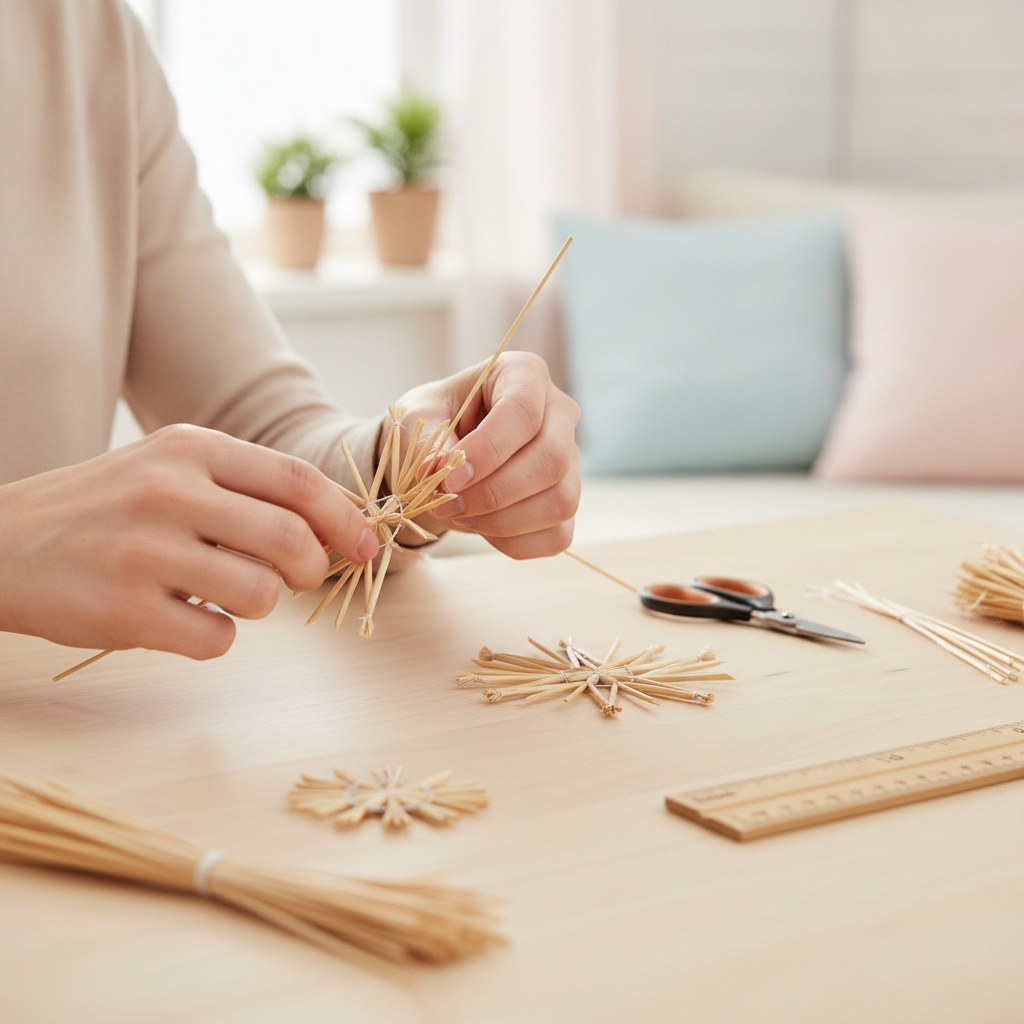 DIY Strohstern Flechten auf Holztablett mit unbehandeltem Stroh und Schere für Adventsdeko