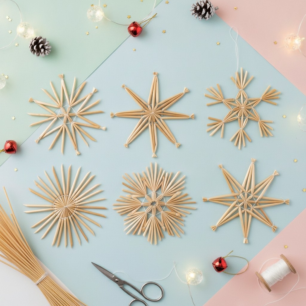 Strohsterne Bastelset mit Naturstrohmustern, Glöckchen und Lichterkette für Weihnachtsdeko Flatlay