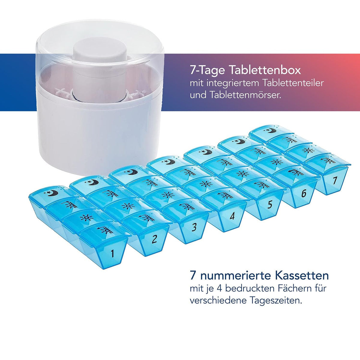 Tablettenbox mit Tablettenteiler und Mörser 7 Tage - Kidis Art