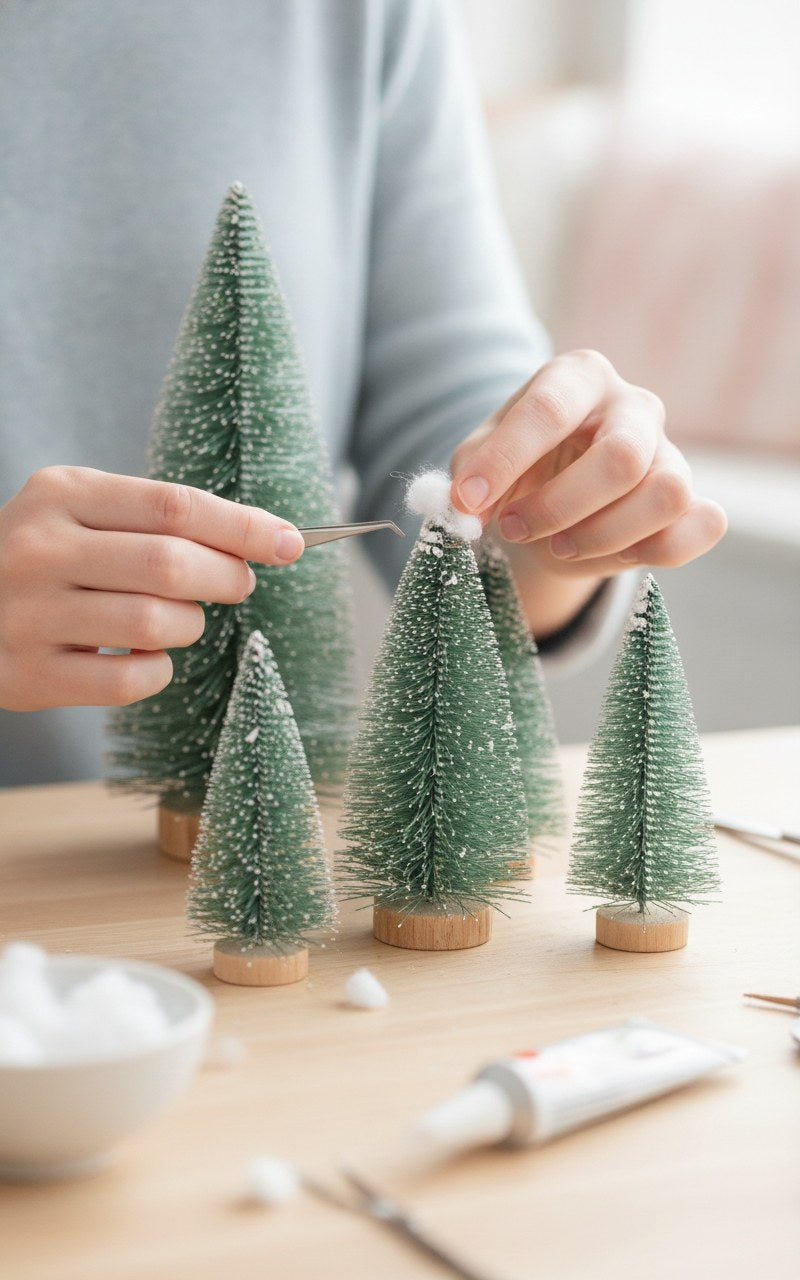 Deko-Minibäume mit Holzbasis und weißer Schnee-Paste