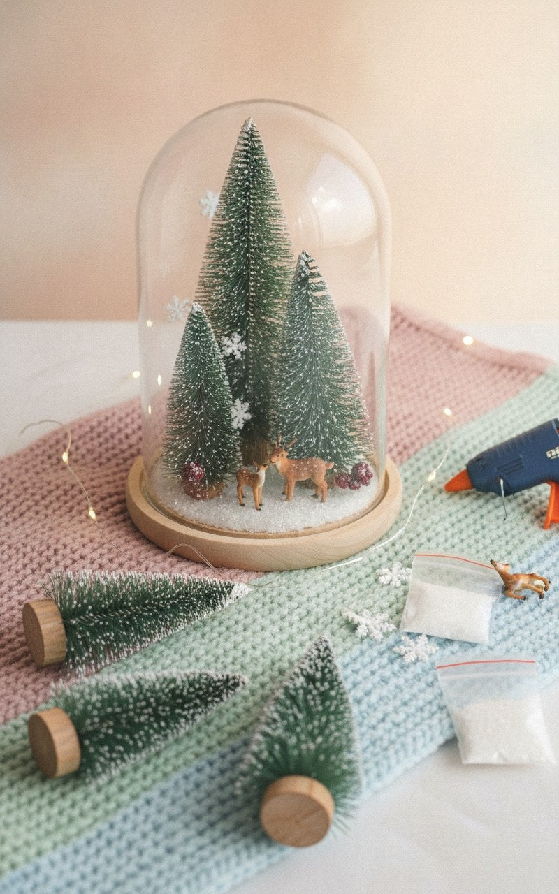 Glasdom Deko mit Miniaturbäumen, Schnee und Rehfiguren