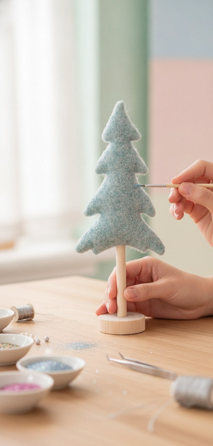 Handarbeit: Glitzer auf blau-grünem Filz-Baum für Weihnachtdeko