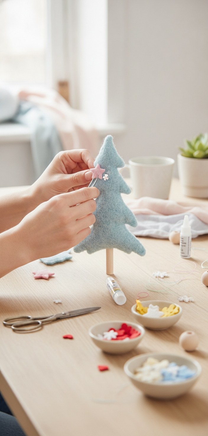 Dekorieren mit Pinzette: Rosa Stern auf blauem Filz-Weihnachtsbaum