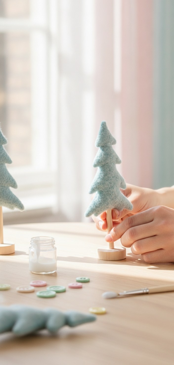 DIY Basteln: Felt Christmas tree on wooden stand with craft supplies