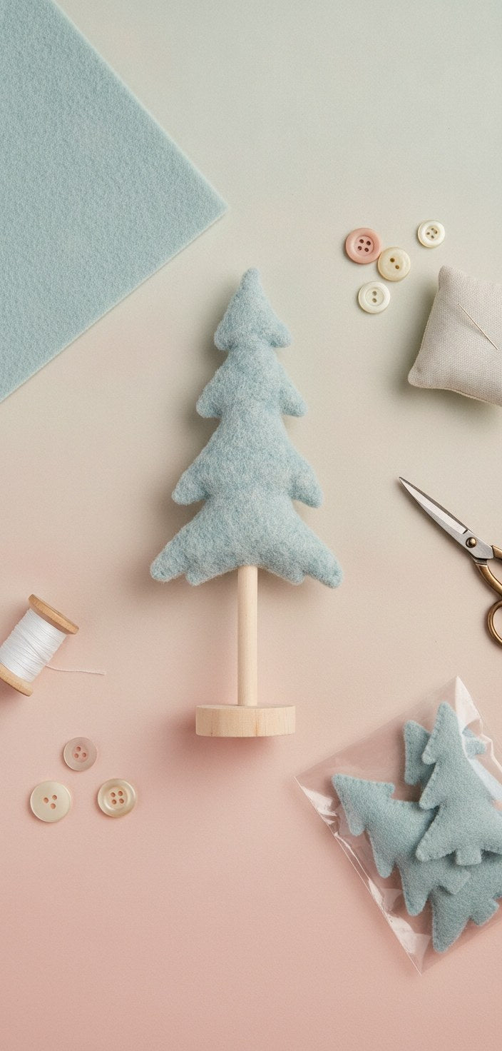 Flatlay: Blauer Weihnachtsbaum mit Nähutensilien und Filzformen