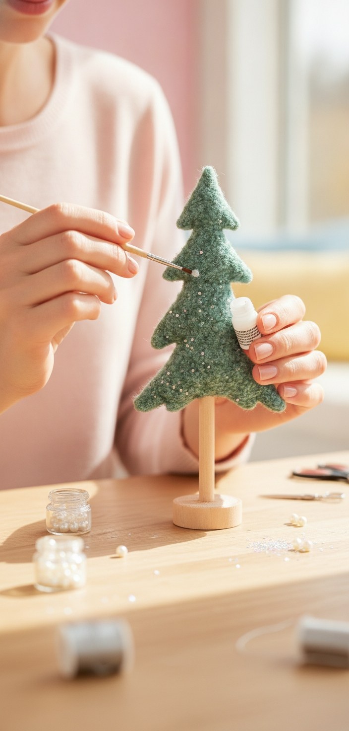 Handwerk: Person bemalt grünen Plüschtannenbaum mit weißen Punkten, kreativer Bastelprozess am Tisch