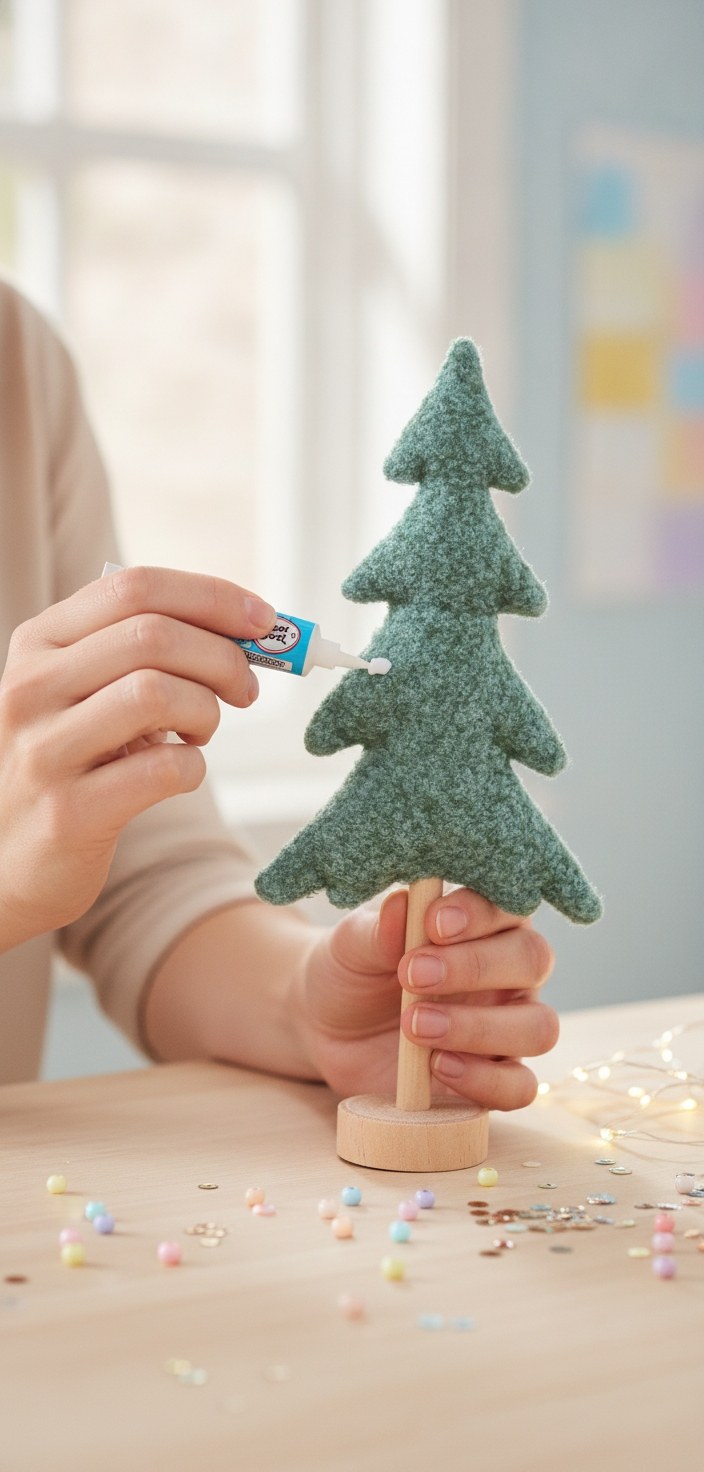 Grüner Filzweihnachtsbaum auf Holzbasis, Klebeauftrag für Buntglasperlen-Deko, festliche Winteratmosphäre