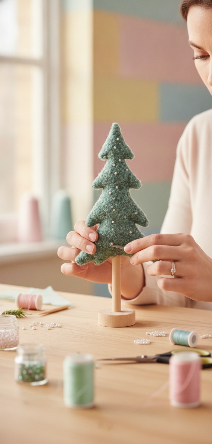 Personalisierte Deko: Frau stickt weiße Perlen in grünen Plüschtannenbaum, Garnrollen und Nähutensilien