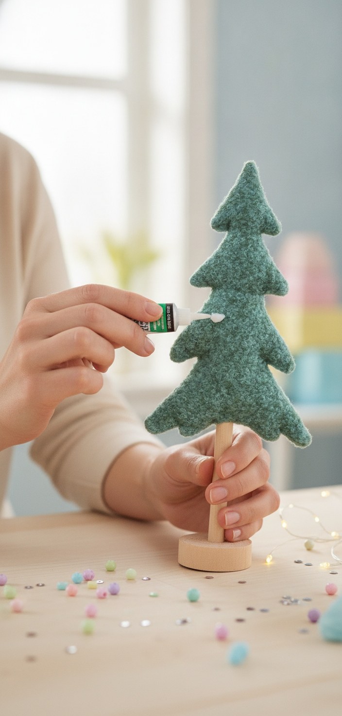 DIY Deko: Grüner Plüschtannenbaum mit Kleber befestigt, umgeben von bunten Pompons und Lichterkette