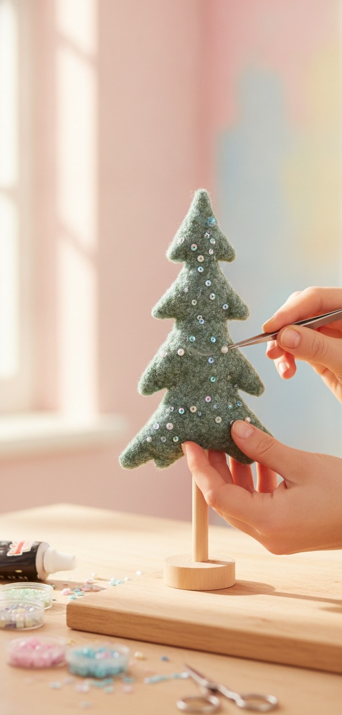 Nahaufnahme grüner Filz-Tannenbaum mit silbernen Pailletten und Perlen, haptische Stoffstruktur