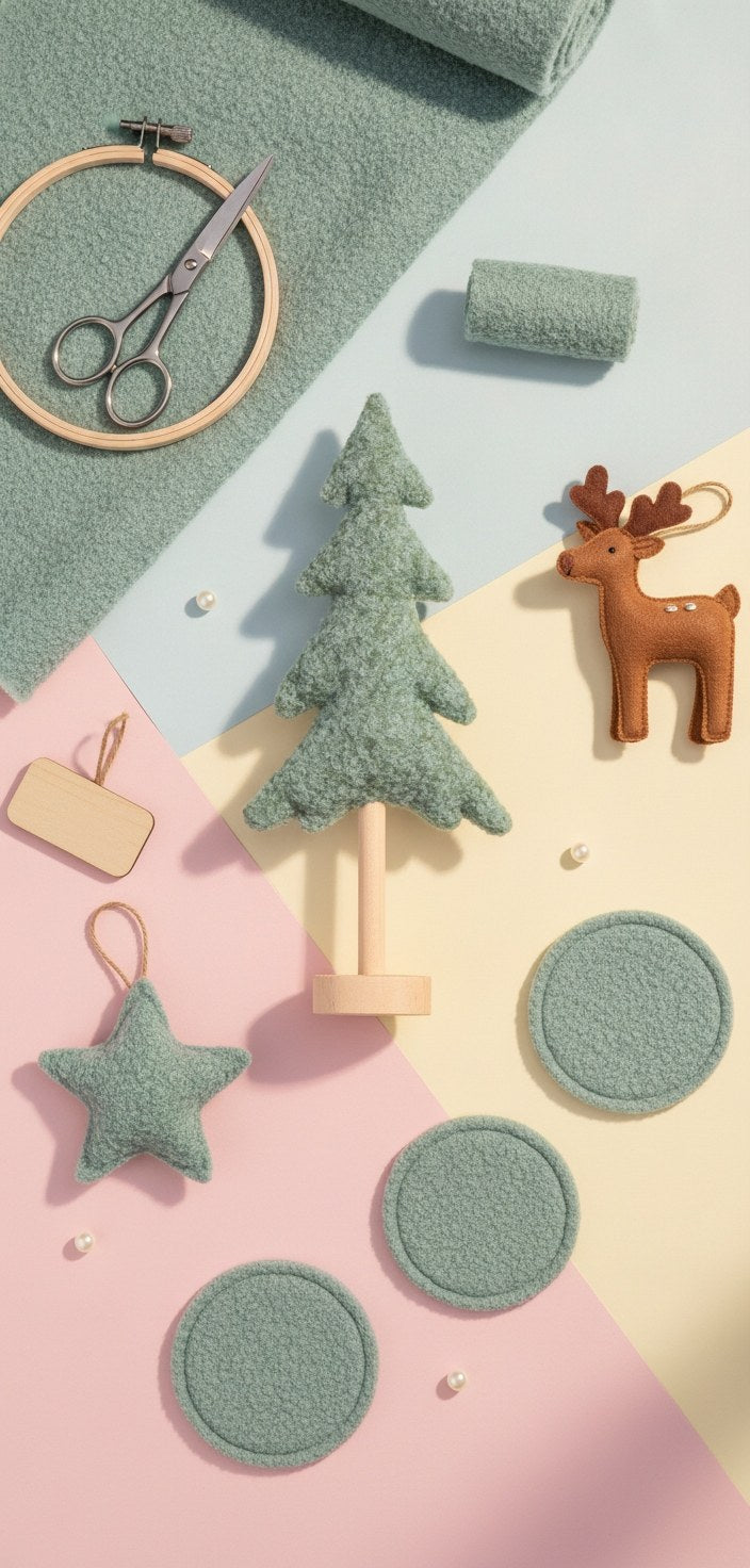 Plüschtannenbaum-Set mit Untersetzer, Sternanhänger und Rentier, Pastell-Farbgebung Mint Pink Gelb