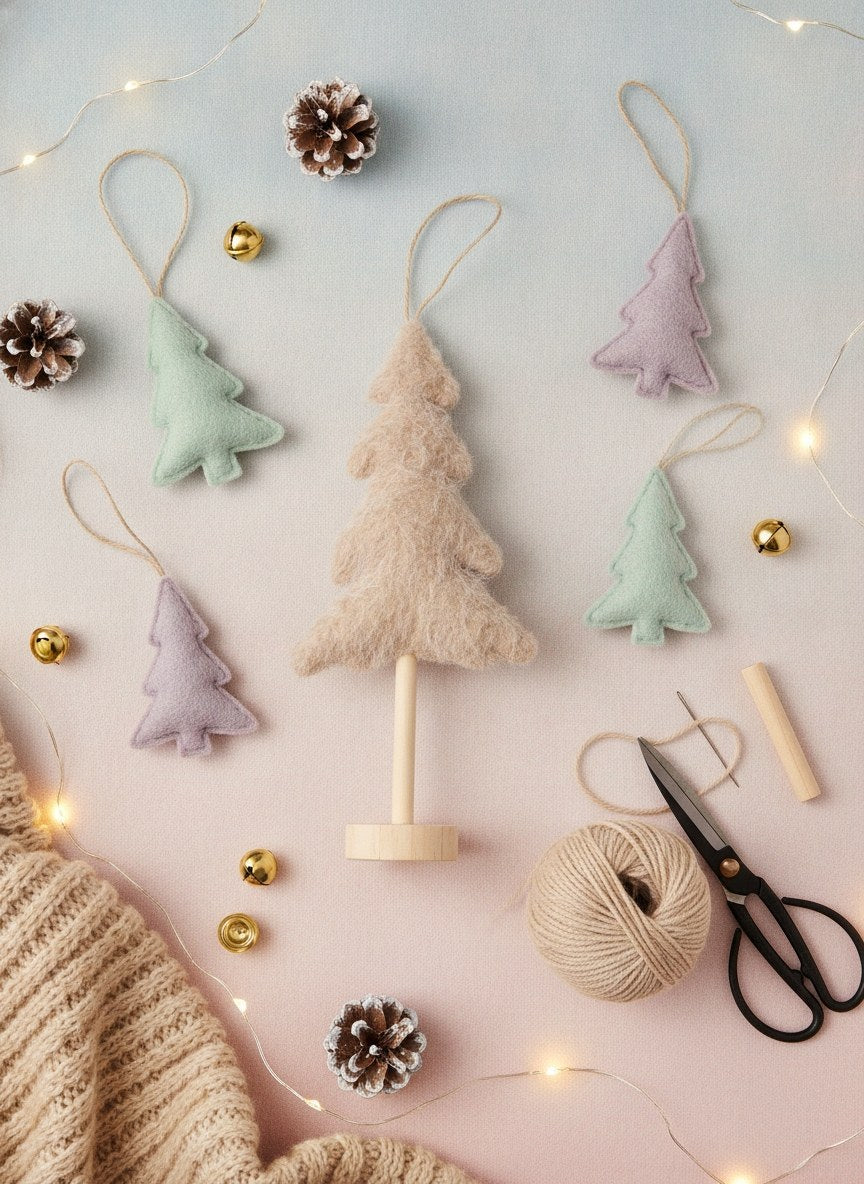 Naturfarbener Plüsch-Tannenbaum in Adventsdeko-Komposition mit Mint- und Lavendelfilz