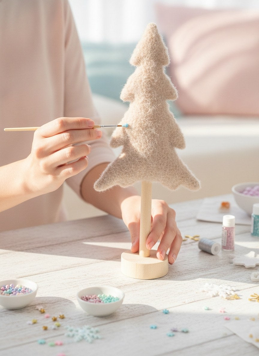 Handbemalter beige Plüsch-Tannenbaum mit Dekorationen auf weißem Tisch