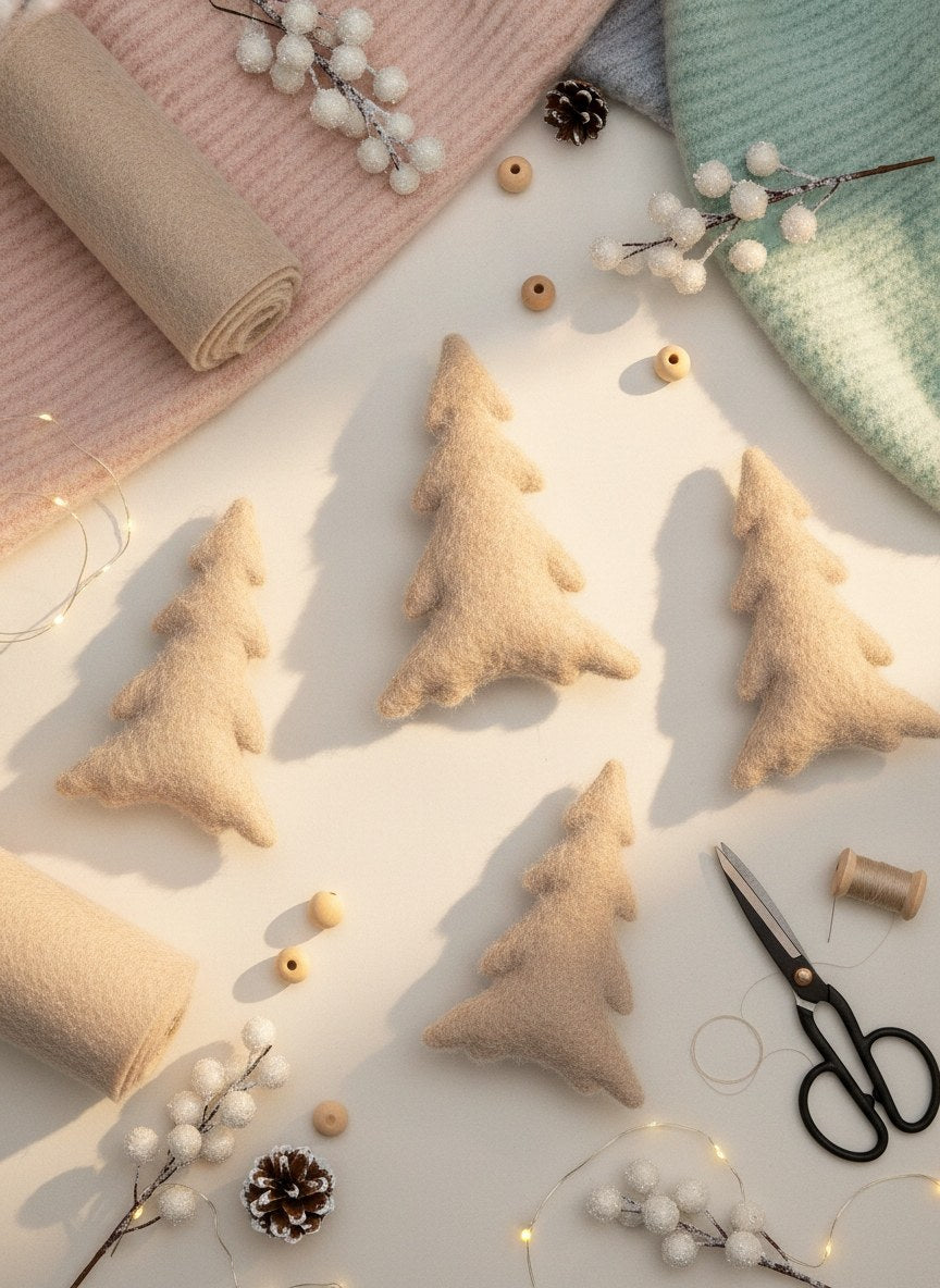 Flache beige Plüsch-Tannenbaum-Applikationen im Flatlay mit Bastelmaterial