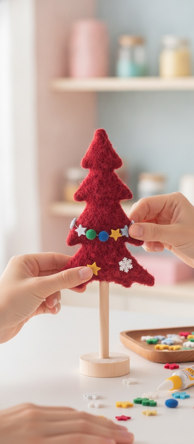 Basteln mit rotem Plüsch-Tannenbaum und bunten Filzsternen