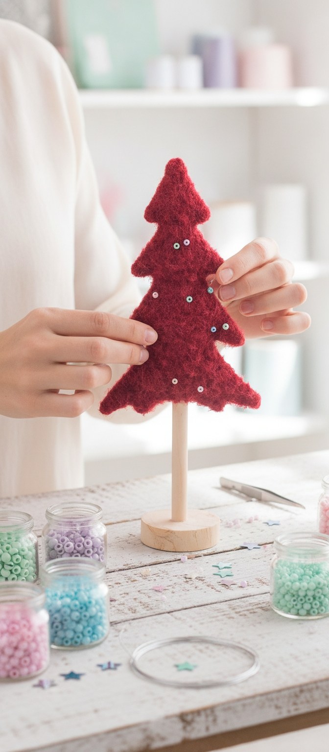 Deko-Idee: Bunte Perlen am roten Plüsch-Weihnachtsbaum