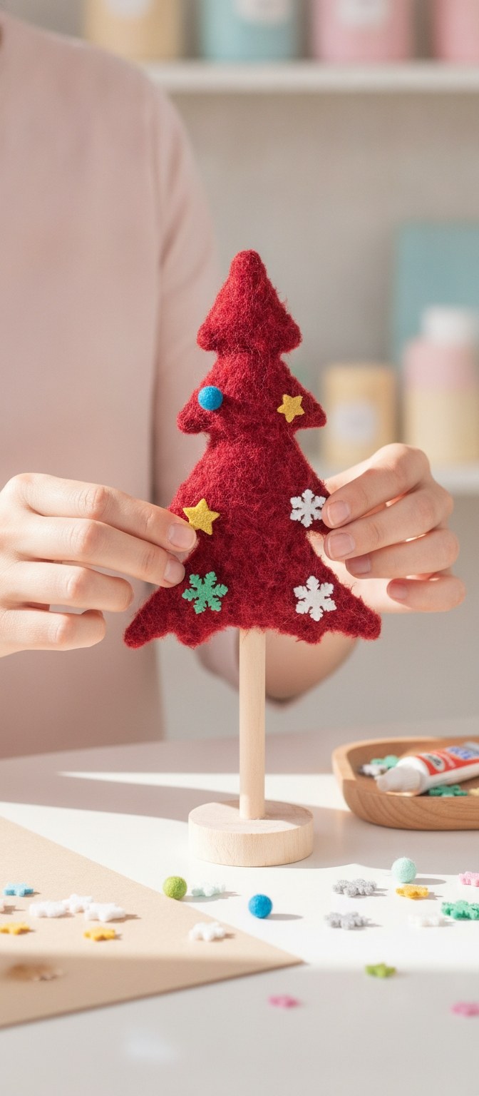 Decorazione natalizia: mani che decorano l'albero in peluche rosso con stelle
