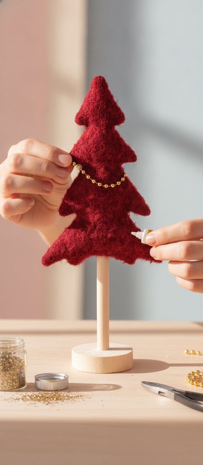 Detail: Goldene Perlenkette am roten Plüsch-Weihnachtsbaum