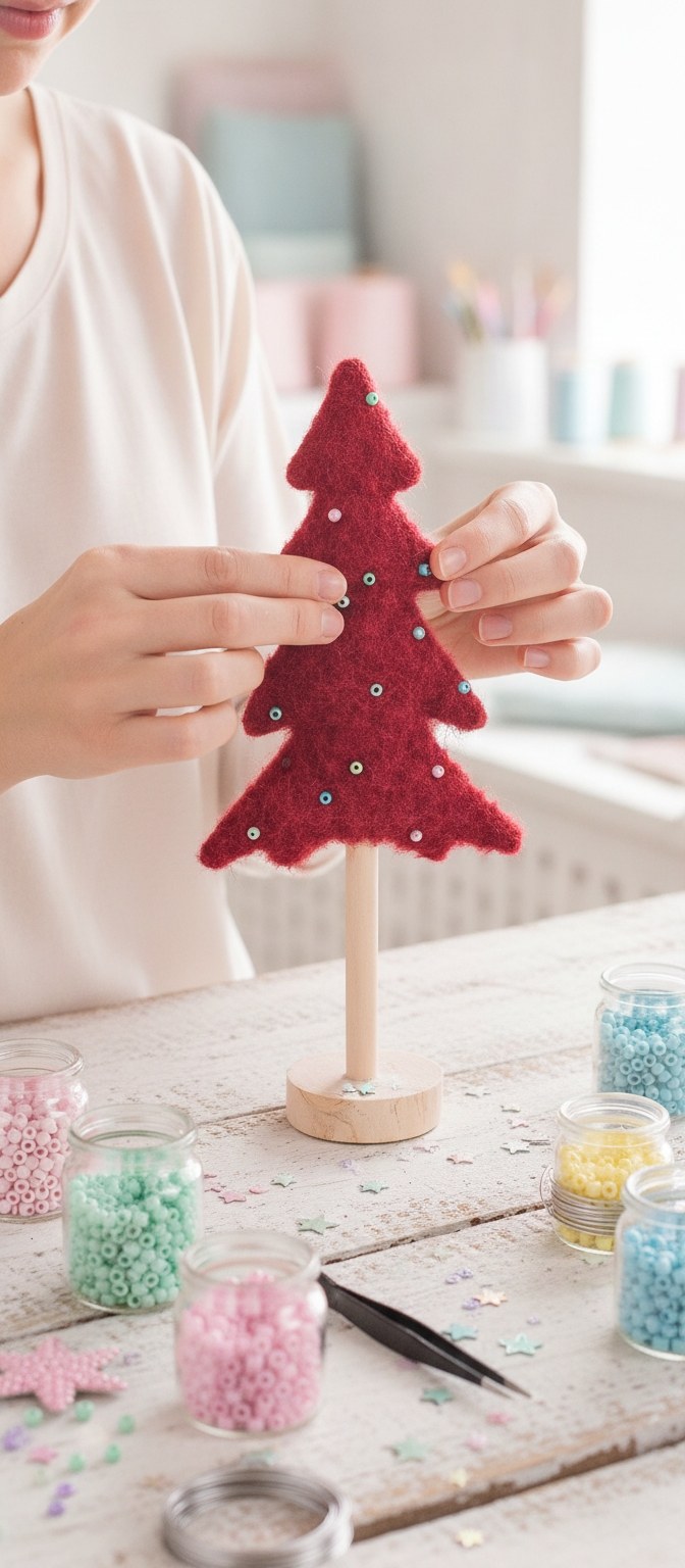 Kreative Bastelidee: Perlen in roten Plüsch-Tannenbaum sticken