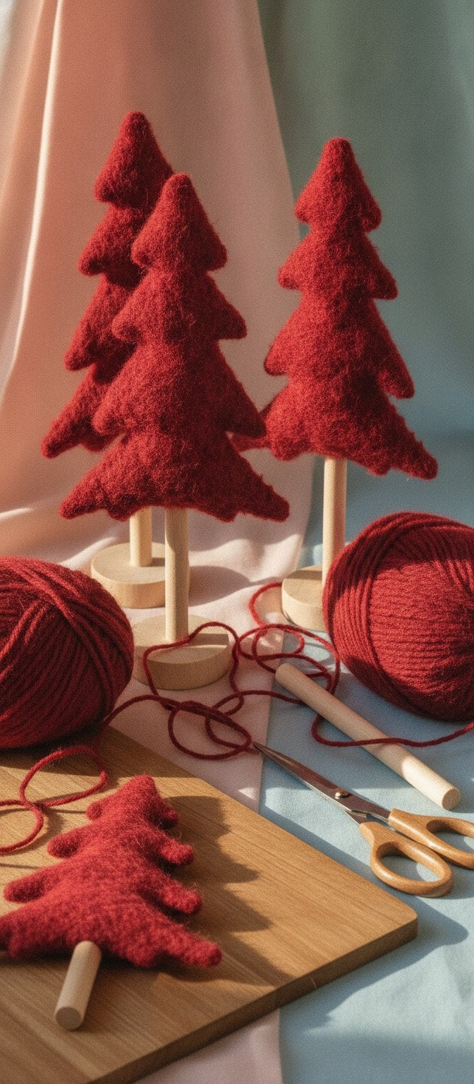 Fai da te decorazioni natalizie: piccoli alberi in peluche rosso con palle di lana