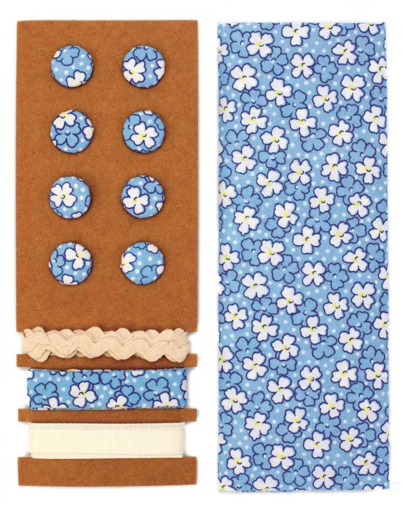 Textil - Set blau Blumen, 48x48cm Bänder 3x1m 8 Knöpfe - Kidis Art