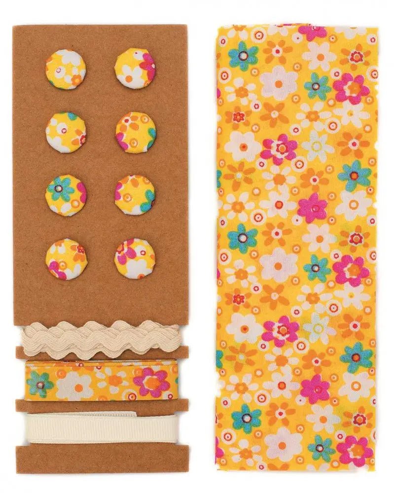 Textil - Set gelb Blumen, 48x48cm Bänder 3x1m 8 Knöpfe - Kidis Art