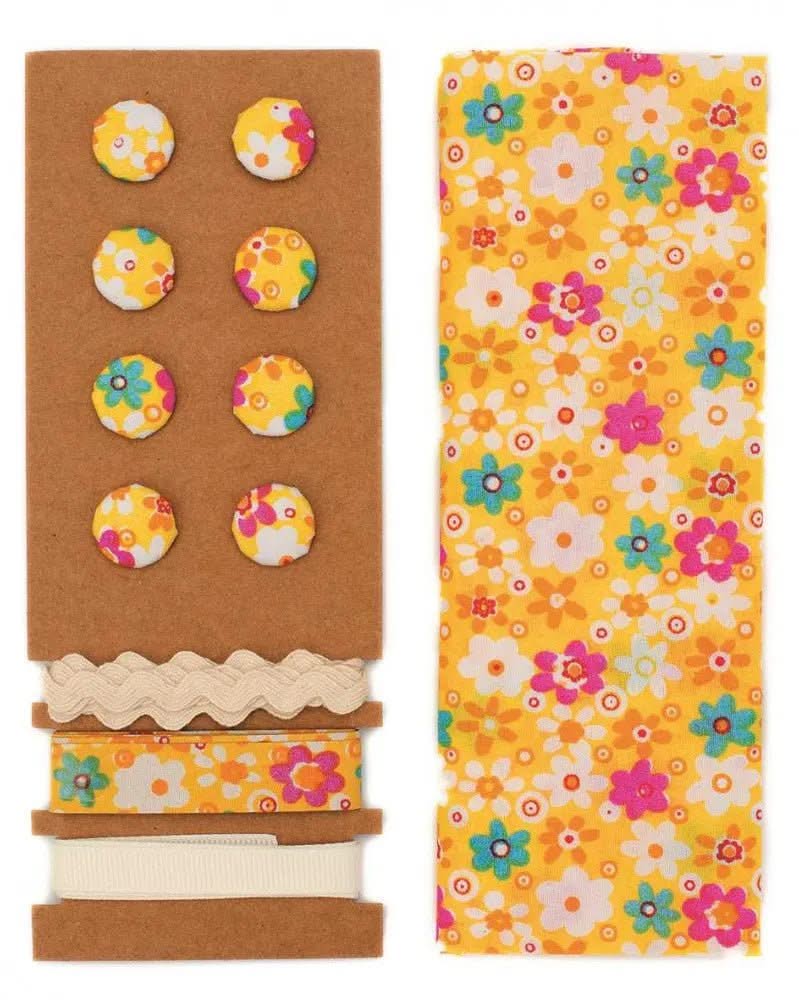 Textil-Set gelb Blumen, 48x48cm Bänder 3x1m 8 Knöpfe - Kidis Art