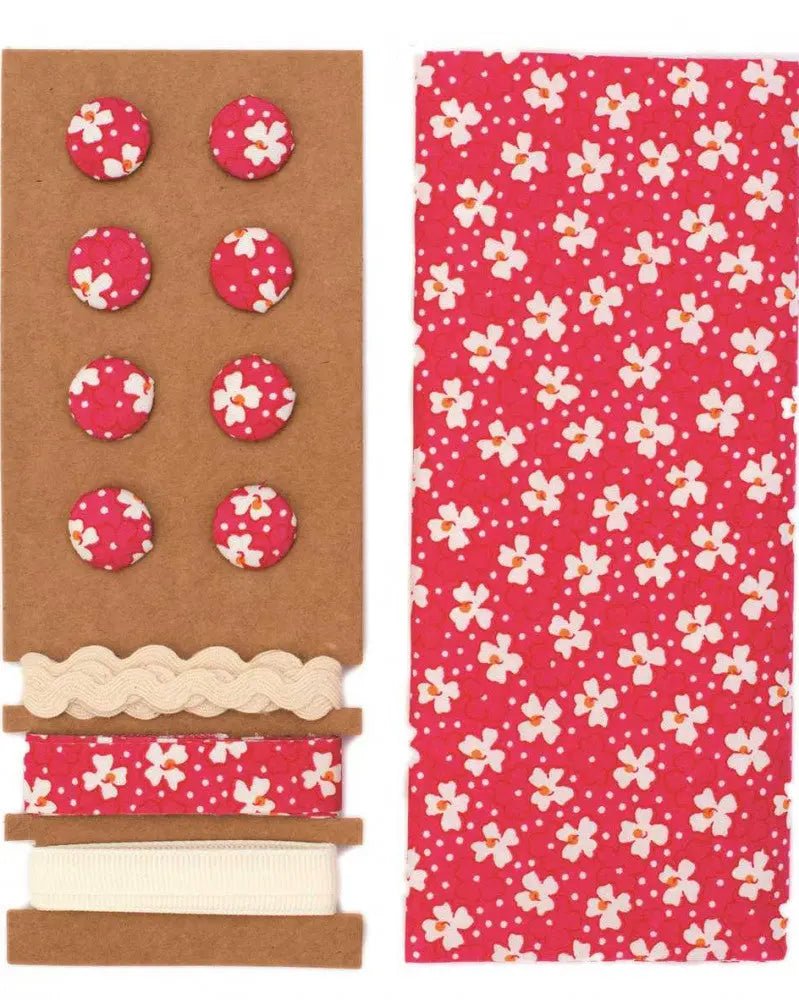 Textil - Set himbeerrot, Blumen, 48x48cm Bänder 3x1m 8 Knöpfe - Kidis Art