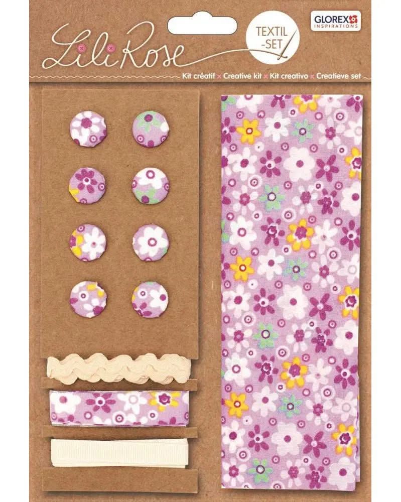 Textil-Set lila Blumen, 48x48cm Bänder 3x1m 8 Knöpfe - Kidis Art