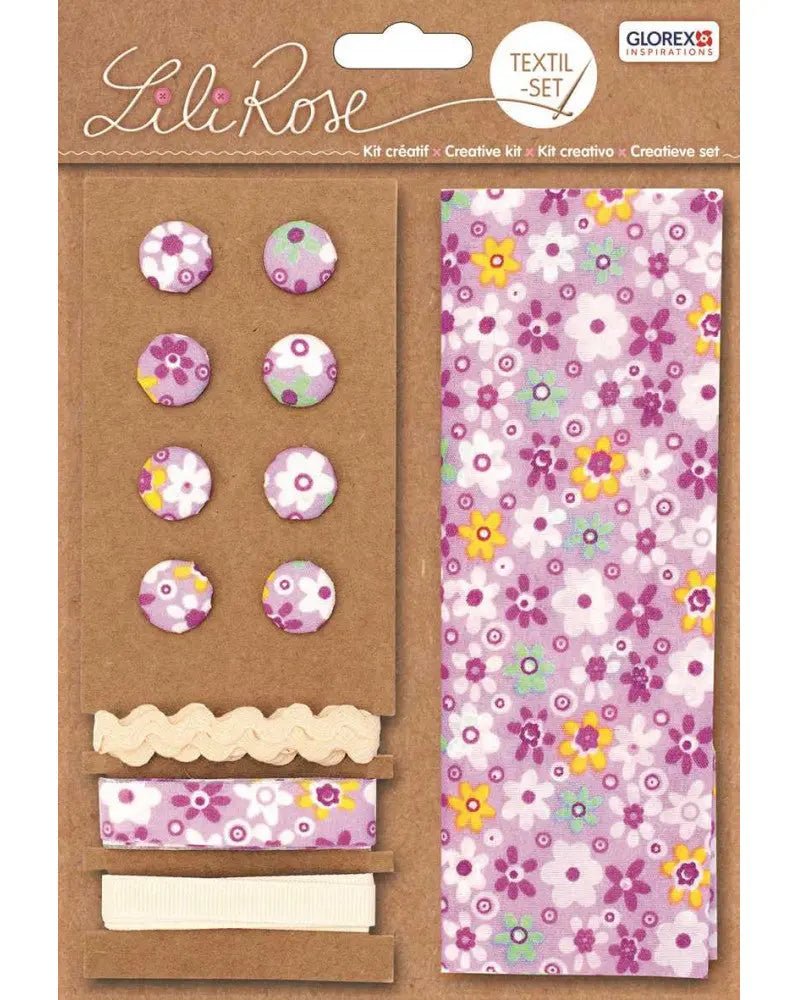 Textil - Set lila Blumen, 48x48cm Bänder 3x1m 8 Knöpfe - Kidis Art