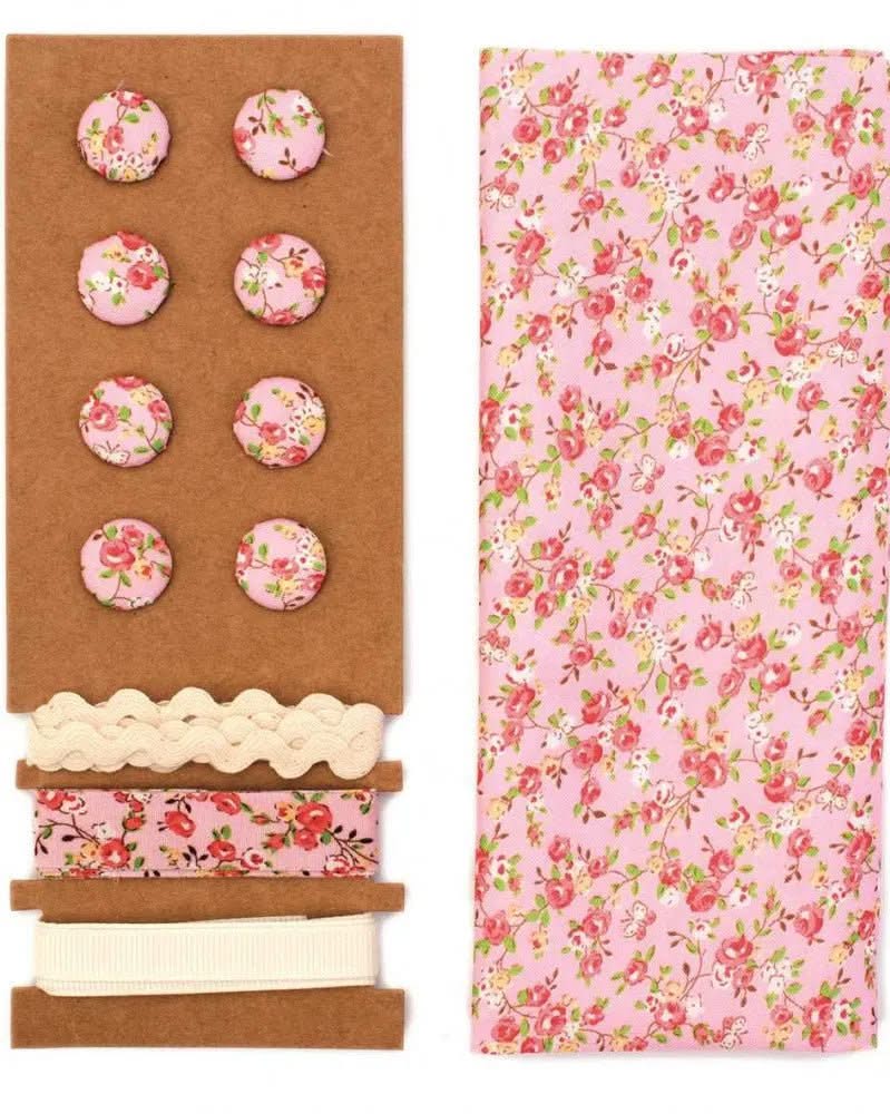 Textil-Set rosa Blumen, 48x48cm Bänder 3x1m 8 Knöpfe - Kidis Art