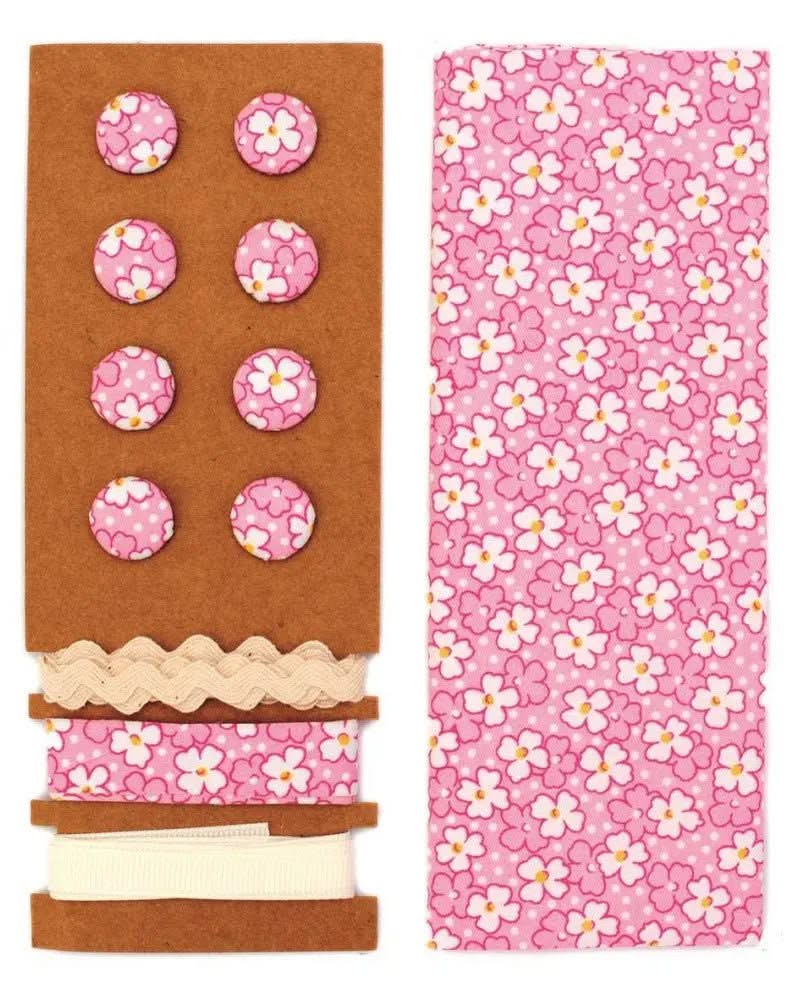 Textil-Set rosa-weiss Blumen, 48x48cm Bänder 3x1m 8 Knöpfe - Kidis Art