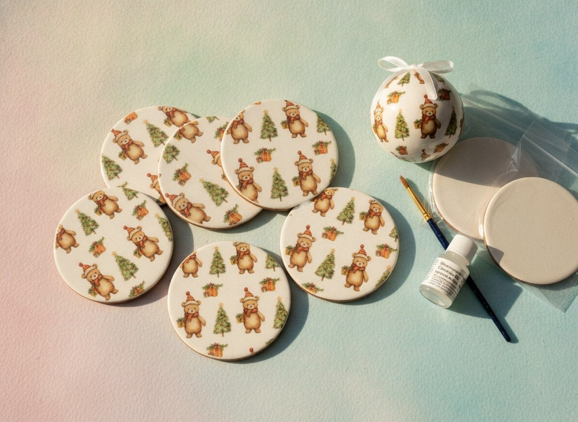 Weihnachtsdeko Set mit Bär-und-Baum-Muster Platten neben Pinsel und Farbe