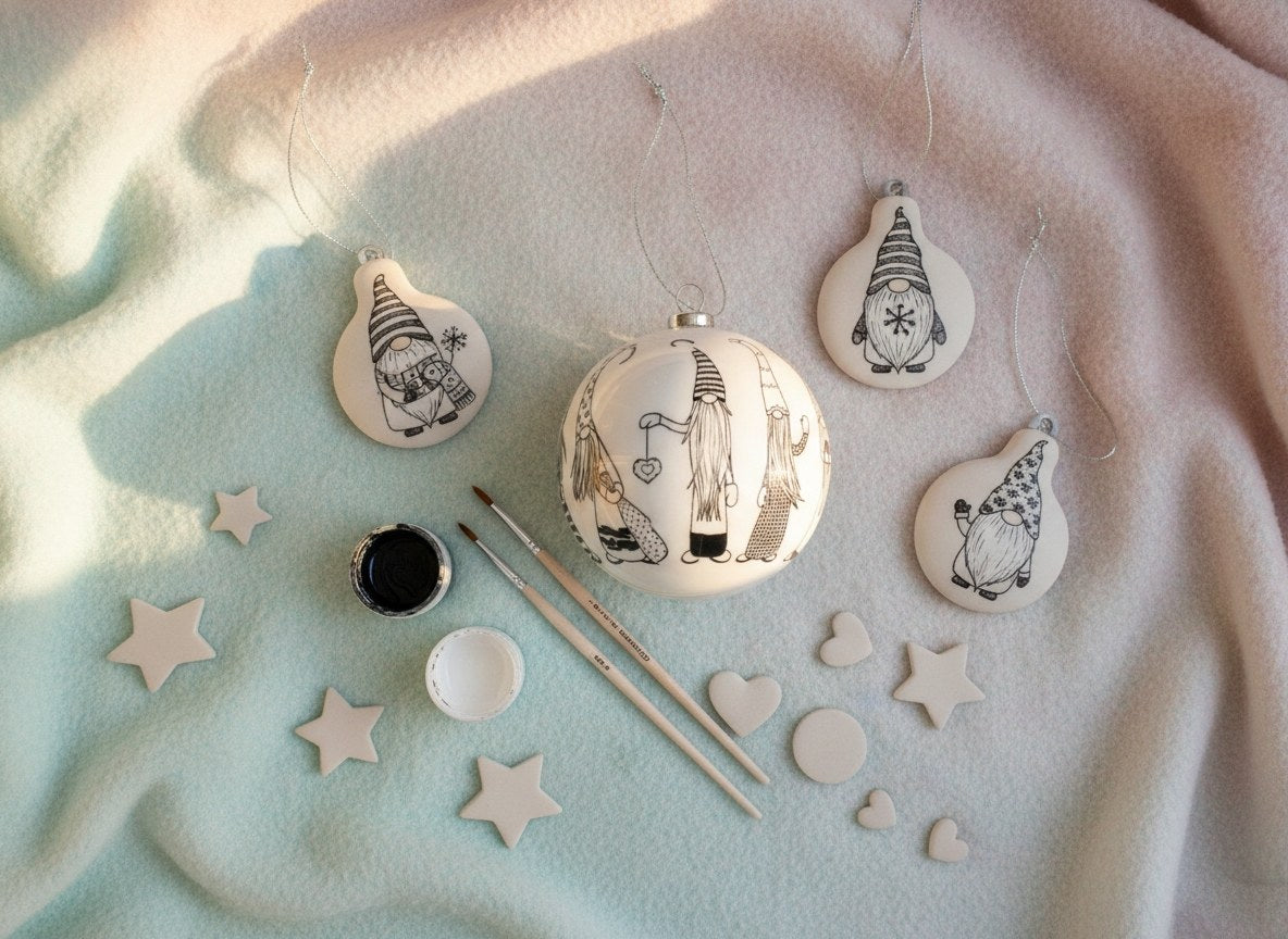 Weiße Weihnachtskugel mit Wichtel-Print für DIY Weihnachtdeko