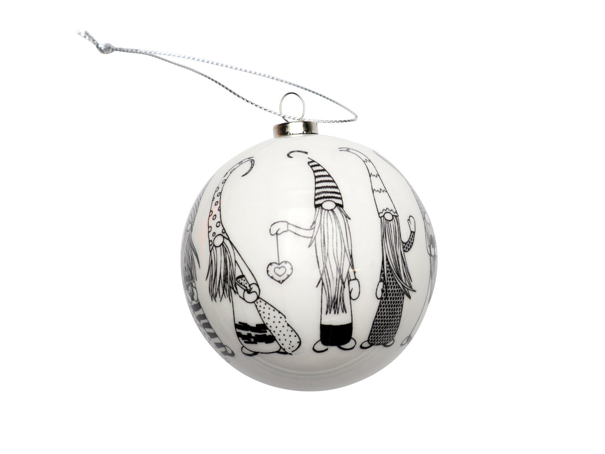 Weihnachtskugel 7,5cm weiß mit Wichtel-Print und silbernem Haken