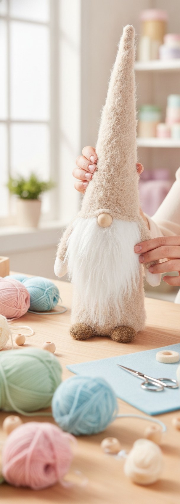 Handhaltender beige Wichtel auf Holztisch mit Bastelutensilien