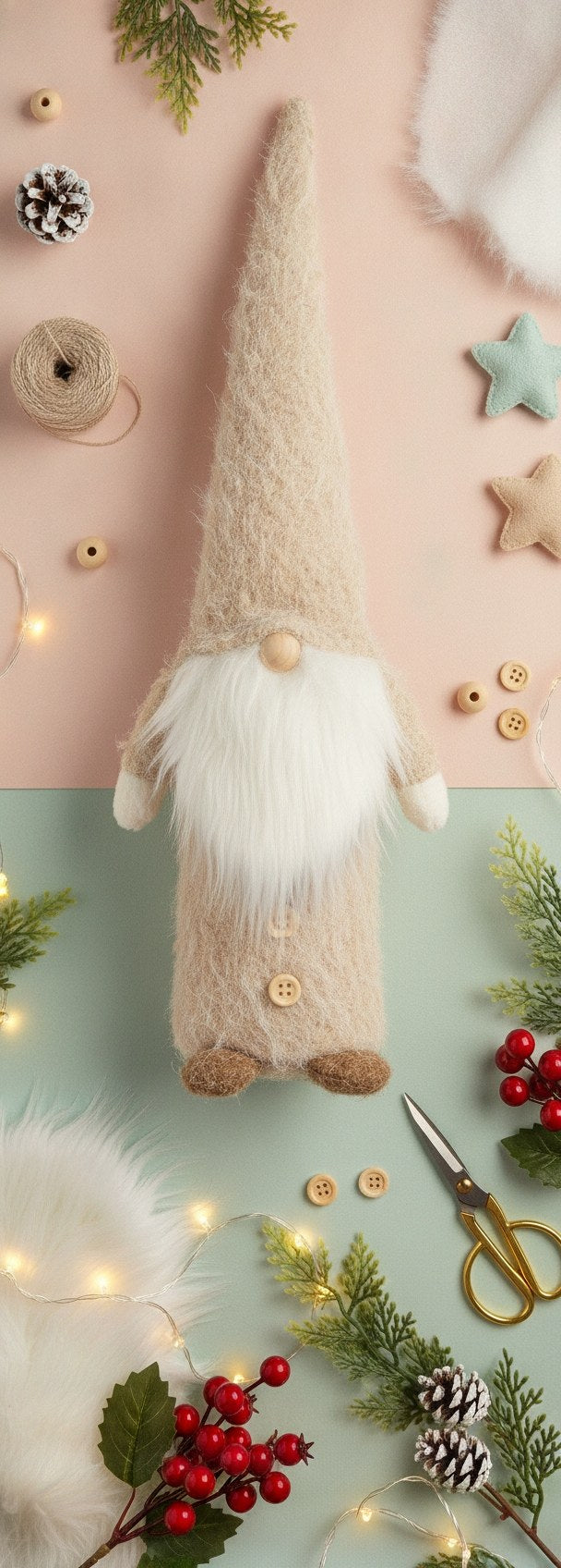 Weihnachtswichtel in rustikaler Deko mit Tannenzapfen und Lichtern