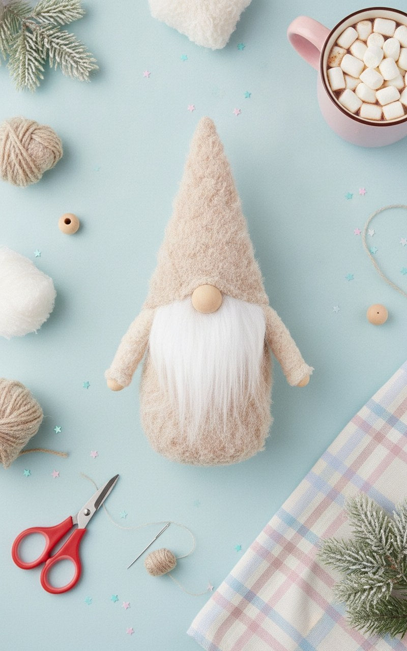 Naturfarbener Weihnachtswichtel im festlichen Flatlay mit Tannenzweigen