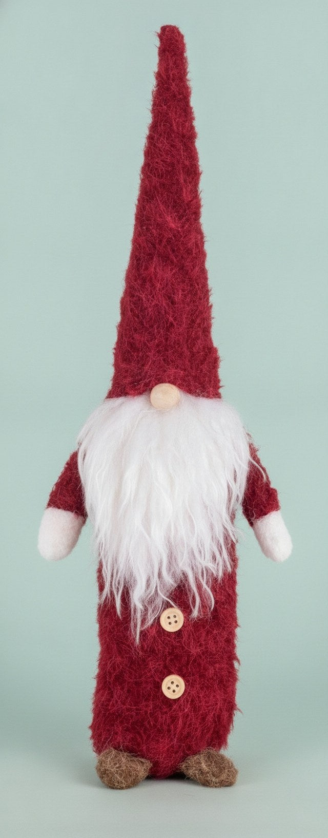 Roter Weihnachtswichtel aus Plüsch mit weißem Bart und Holzknöpfen