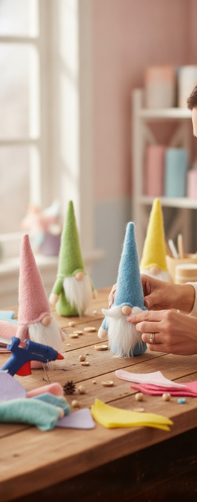 Pastellfarbene Wichtel in Blau, Grün und Pink während des Handwerksprozesses
